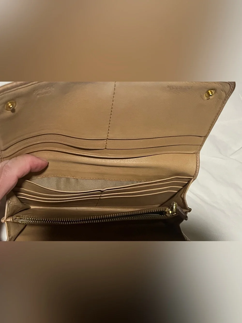 Prada Metallic Beige Ruched Leather Wallet with Gold Logo